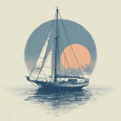Vintage Sailboat Illustration at Sunset Over Calm Waters in Soft Color Tones for Nautical Art and Design Projects