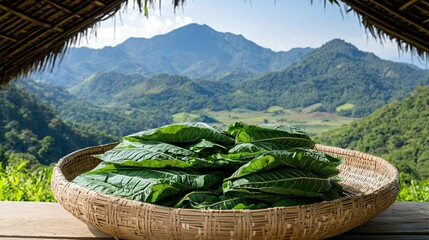 A collection of handmade baskets woven from natural fibers, filled with freshly harvested tobacco leaves, resting near a rustic hill tribe hut, evoking a sense of artisanal tradition