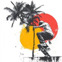 Dynamic Skateboarder Performing Tricks in Artistic Style with Palm Trees and Bold Background Colors