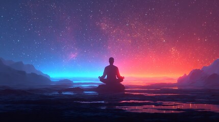 A silhouette of an adult meditating on the top, against the background of beautiful cosmic sky with stars and galaxies.