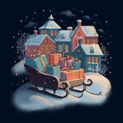 Colorful Gifts in Sleigh Surrounded by Snowy Houses and Winter Night Sky in Cozy Holiday Scene