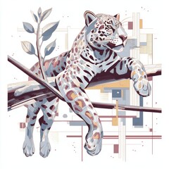 Artistic representation of a majestic leopard lounging on a branch, blending geometric patterns with natural elements