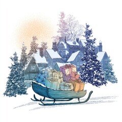 Vintage Winter Scene with Sleigh Loaded with Colorful Gifts Surrounded by Snowy Trees and Charming Houses in Background