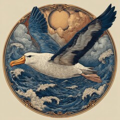 Majestic Albatross Soaring Over Turbulent Waves with Radiant Sun in Background in Artistic Style