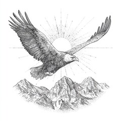 Majestic Eagle Soaring Above Mountain Peaks with Radiant Sun and Detailed Illustrative Style