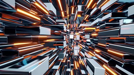 stylized 3d animation of orange and white reflective cube tiles shifting across screen creating futuristic grid with metallic shine perfect for tech backgrounds digital branding or abstract sci fi - Powered by Adobe
