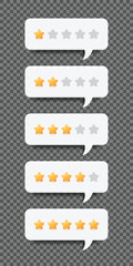 Set of chat bubbles showcasing yellow rating stars for reviewing products and services in order from poor to excellent in terms of satisfaction. Vector Illustration. 