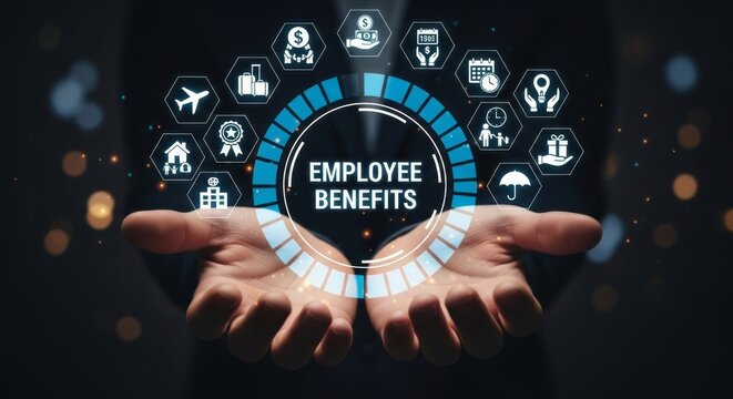 Hands holding digital display of employee benefits icons including travel, money, family, and gifts, symbolizing comprehensive compensation packages.