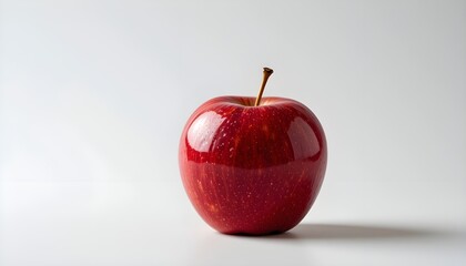 Glossy red apple with a slightly dimpled skin, placed centrally against a white background.