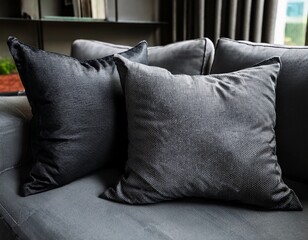 close up of two dark gray textured throw pillows on a couch showcasing fabric detail