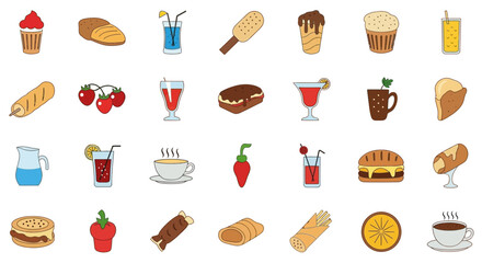 Colorful flat-style icons depicting various foods and drinks.