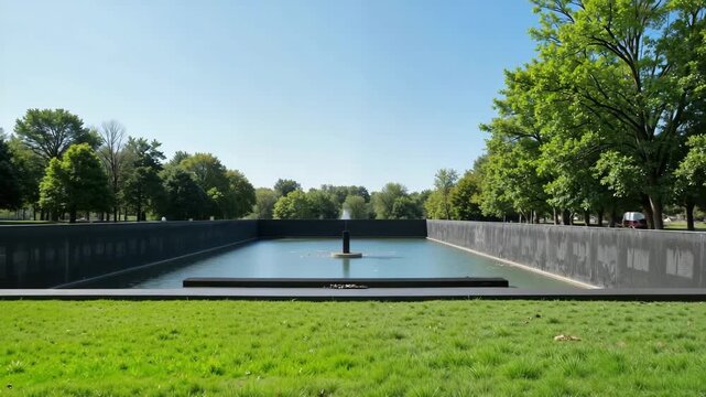 Serene memorial park with reflective water feature and greenery  