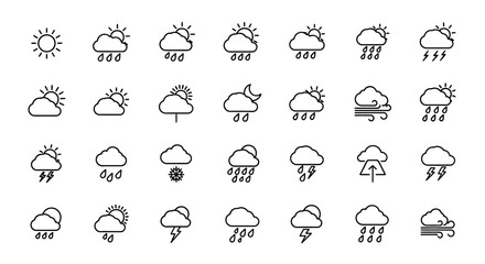 Collection of minimalist weather icons depicting various cloud conditions, sun, rain, and lightning.
