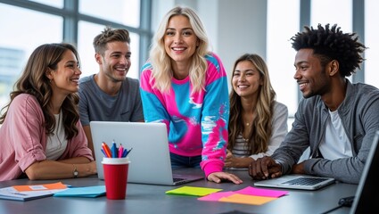 Diverse group of happy young people smiling and collaborating on a laptop during a productive team meeting in a modern co-working space.