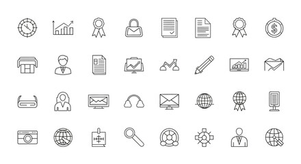 Collection of minimalist line icons depicting business, finance, and achievement concepts.