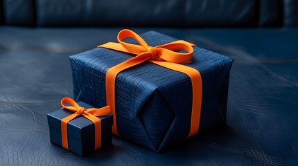 Two Gift Boxes with Orange Ribbons on Dark Surface