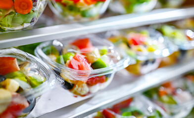 Boxes with fruit and vegetable salads in a commercial fridge