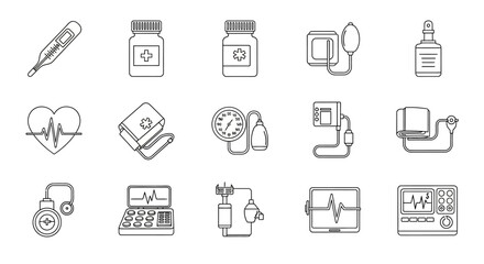 Collection of simple medical icons depicting healthcare equipment and symbols.