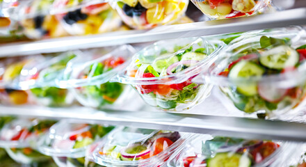 Boxes with fruit and vegetable salads in a commercial fridge