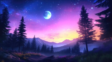 Fototapeta premium Moonlight glows over a peaceful valley, casting silver light on silhouetted trees under a vast starry sky