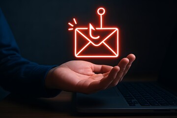 Smishing attack, sms spam phishing from scammer, concept. Red envelope with hook icon in criminal hacker hand who use mobile smart phone cyberattack sending scam malware spreading virus text message.