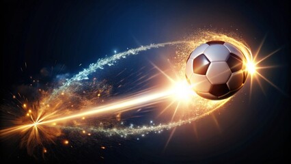 Fototapeta premium A Dynamic Soccer Ball Soaring Through a Trail of Sparkling Light and Energy
