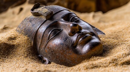 Ancient Egyptian bronze mask in sand tomb
