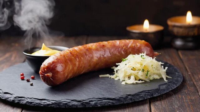 French Boudin sausage, served with mustard and sauerkraut, golden-brown crisp skin, rustic French bistro setting, soft candlelight ambiance
