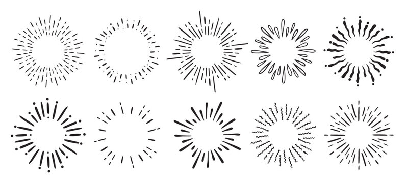 vintage doodle round fireworks sunburst explosion set hand drawn design elements black rays vector.