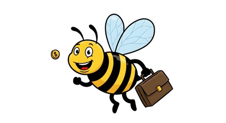 Busy Bee Business Cartoon Character with Briefcase and Dollar Coin