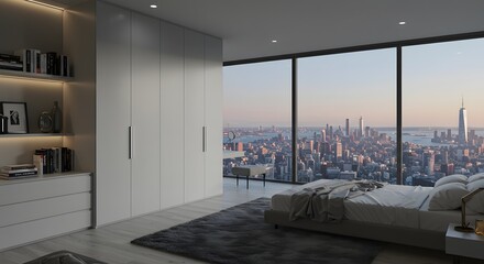 Luxury Bedroom with City Skyline View - Modern Interior Design