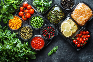 Assorted fresh ingredients and spices in plastic containers on dark background for cooking preparation or recipe demonstration use