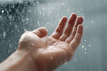 Fototapeta premium A close-up view of a hand catching rain drops, a symbol of connection with the nature