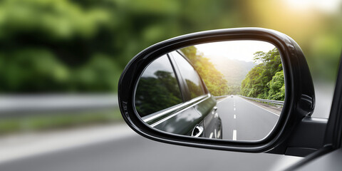 Reflection of a car driving down a scenic road in side mirror