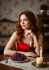 Woman in a red dress is sitting at a table with a plate of grapes and a glass of wine