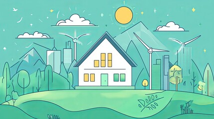 Naklejka premium Idyllic eco-friendly house nestled in a vibrant landscape, featuring wind turbines, city skyline, and mountains under a sunny sky