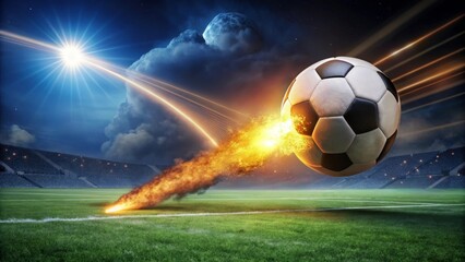 A Blazing Soccer Ball Soaring Through a Night Sky Above an Empty Stadium, a Dramatic Scene of Intense Energy and Movement