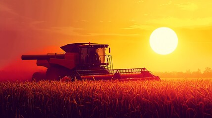 Fototapeta premium Golden Harvest, Combine Harvester at Sunset in a Ripe Wheat Field