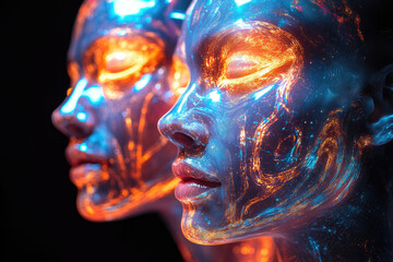 Two Glowing Minds Projecting Faces Amidst Neon Fractals