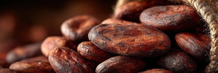 Cocoa beans resting in a burlap sack ready for chocolate production in a warm, rustic setting