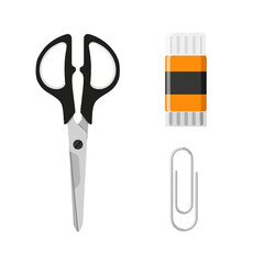 Vector Illustration of Office Supplies with Scissors Eraser and Paperclip in Minimalist Style