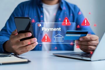 Online payment fraud warning during mobile transaction as man uses credit card and smartphone for digital banking, facing potential fraud, phishing, and cybersecurity threats in financial transaction