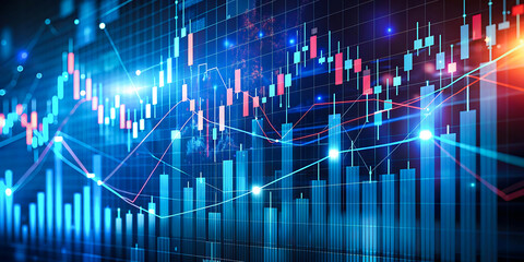 Abstract Infographic Visualization Glowing Financial Charts and Graphs. Emphasizing Dynamic Growth and Market Fluctuations. Abstract Background with Blue Lights.