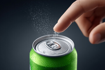 Close up of a person's finger interacting with a can of refreshing drink. The can is covered in condensation, droplets flying into the air. 