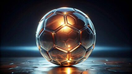 Naklejka premium A Gleaming Metallic Sphere, Resembling a Soccer Ball, Reflects an Abstract Sunset on a Dark Textured Surface