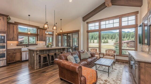 Rustic, modern open-plan living area with a kitchen, featuring large windows overlooking a mountain valley - Powered by Adobe