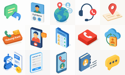 Isometric Colorful Customer Service Communication Contact Detail Icon Set