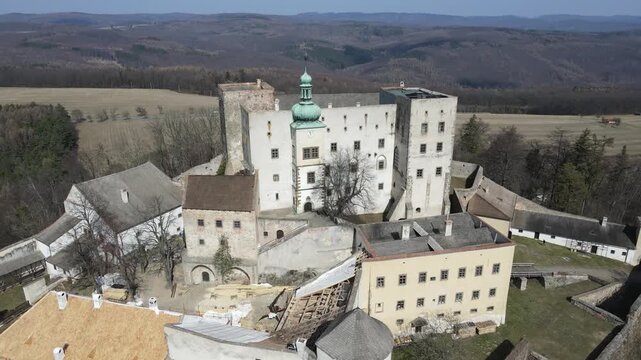 Medieval royal castle Buchlov in South Moravia, Czech Republic captured on drone video. Autumn nature, forests, castle. Drone video.
