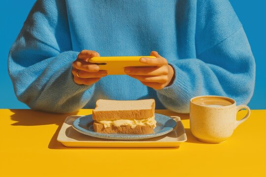 Vibrant, high-contrast image features a person in a bright blue sweater holding a yellow smartphone, actively taking a photo of a sandwich and a coffee mug on a vivid yellow table.