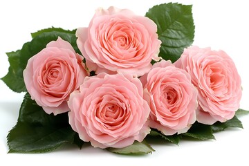 Obraz premium Beautiful pink roses with dark green leaves on white backdrop